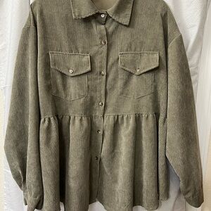 XL Olive Corduroy Women's Long Sleeve Button Down Top